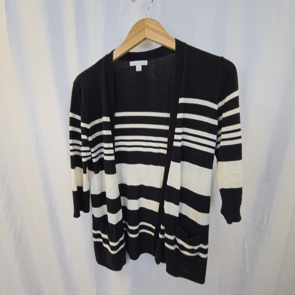 New York & Company Sweater Cardigan Womens Medium Black Striped Open Pockets